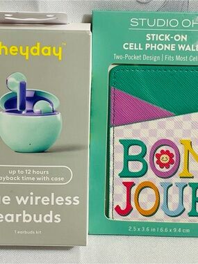 Heyday wireless earbuds PLUS Studio Oh! Teal &Purple Stick-On Cell Phone Wallet